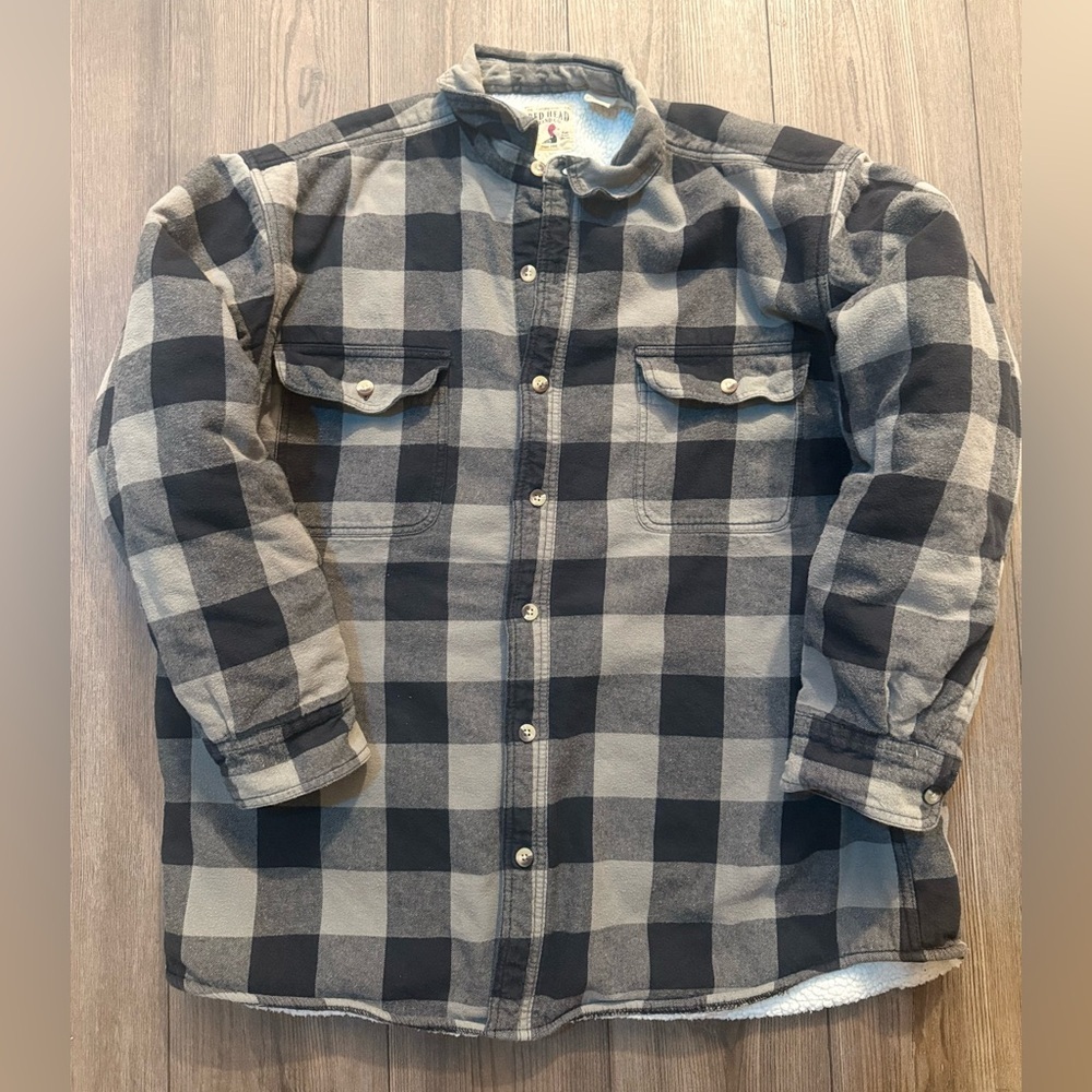 RedHead Sherpa Lined Flannel Shirt Jacket Black Gray Buffalo Plaid XL Shacket